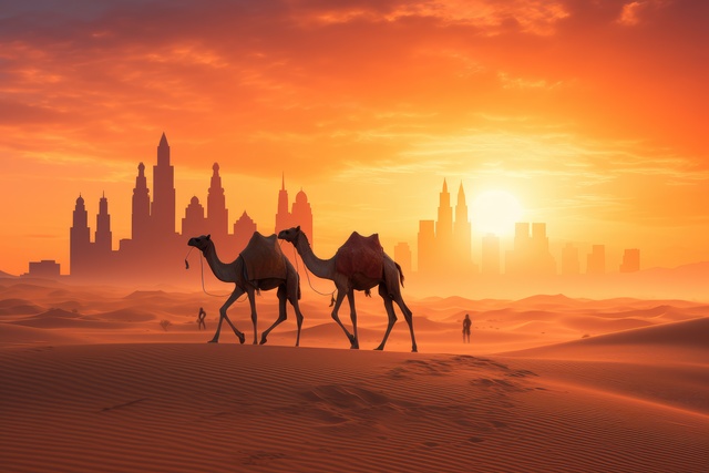 Camel caravan in the desert at sunset